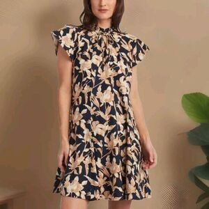 Ellen Tracy Dress Size S Linen Blend Floral  Size S Pockets Navy Floral NWT $129